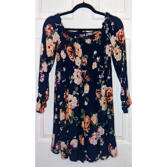 Xhilaration Navy Blue Peasant Ruffle Long Sleeve Pink Floral Spring Dress M - Picture 1 of 12